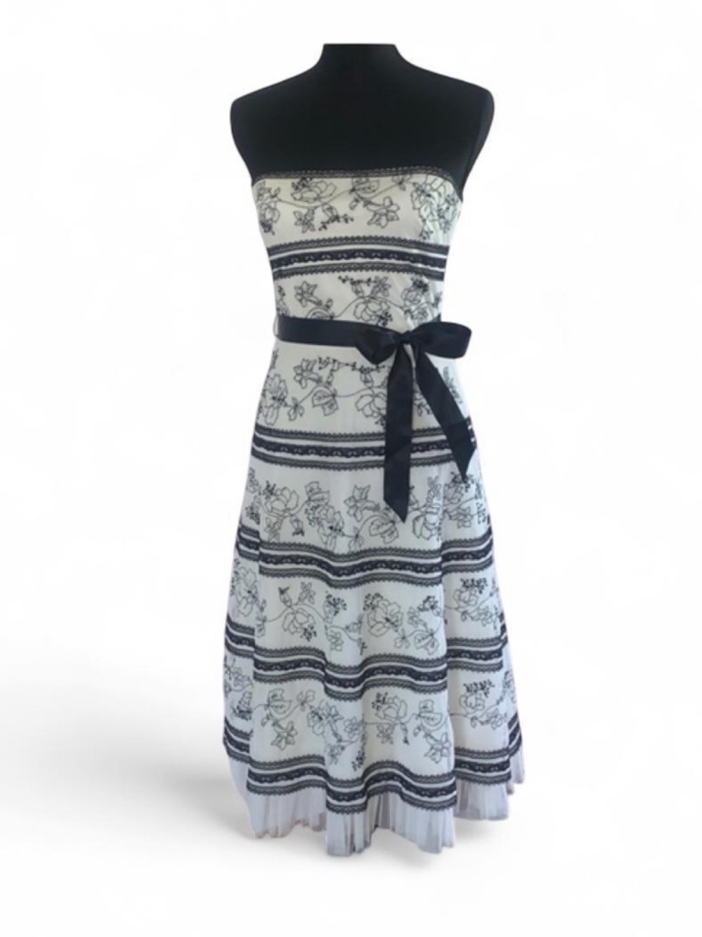 BCBGMaxAzria Strapless Black and White Floral Belted Midi Dress